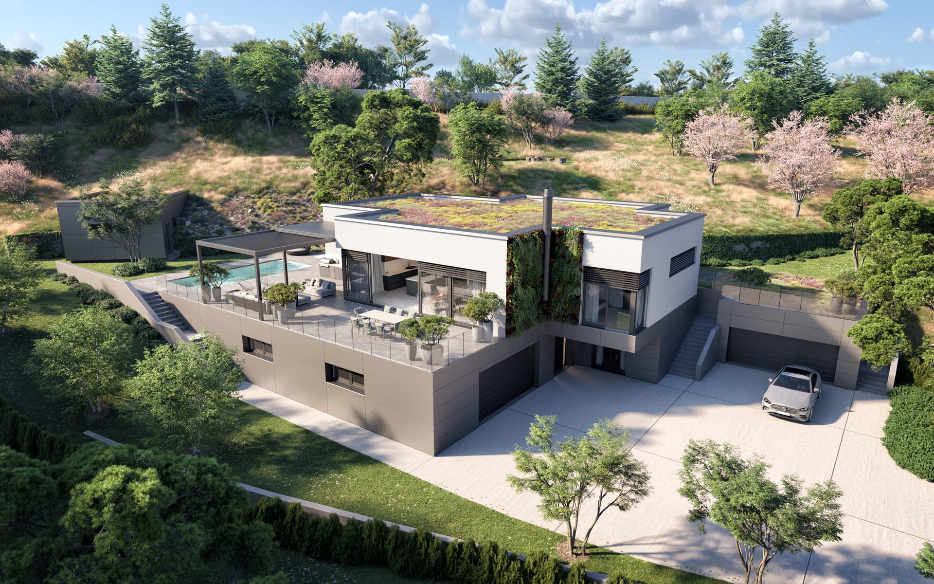 Aerial architectural visualisation of the family home set into the hillside