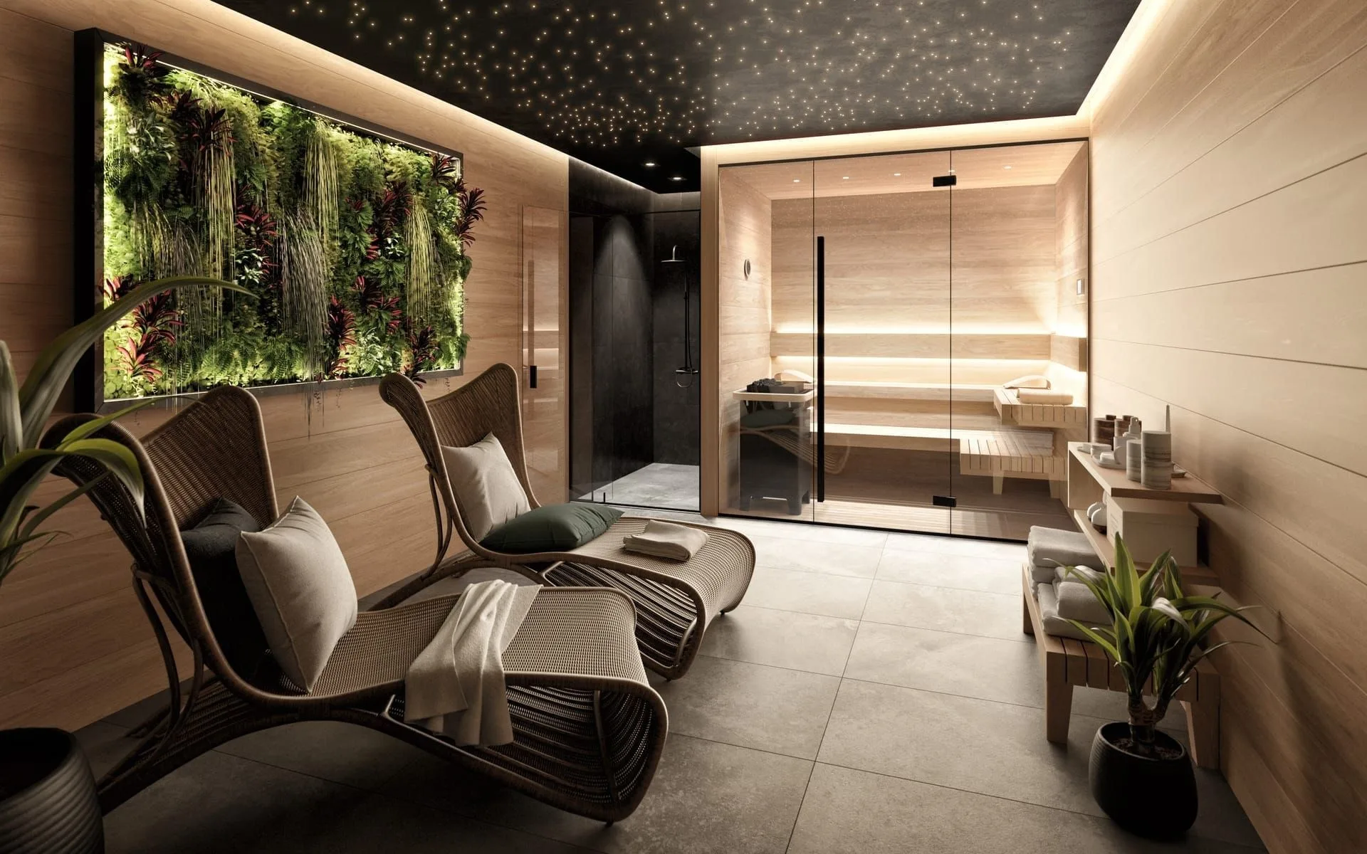 Architektonická vizualizace soukromého wellness se saunou