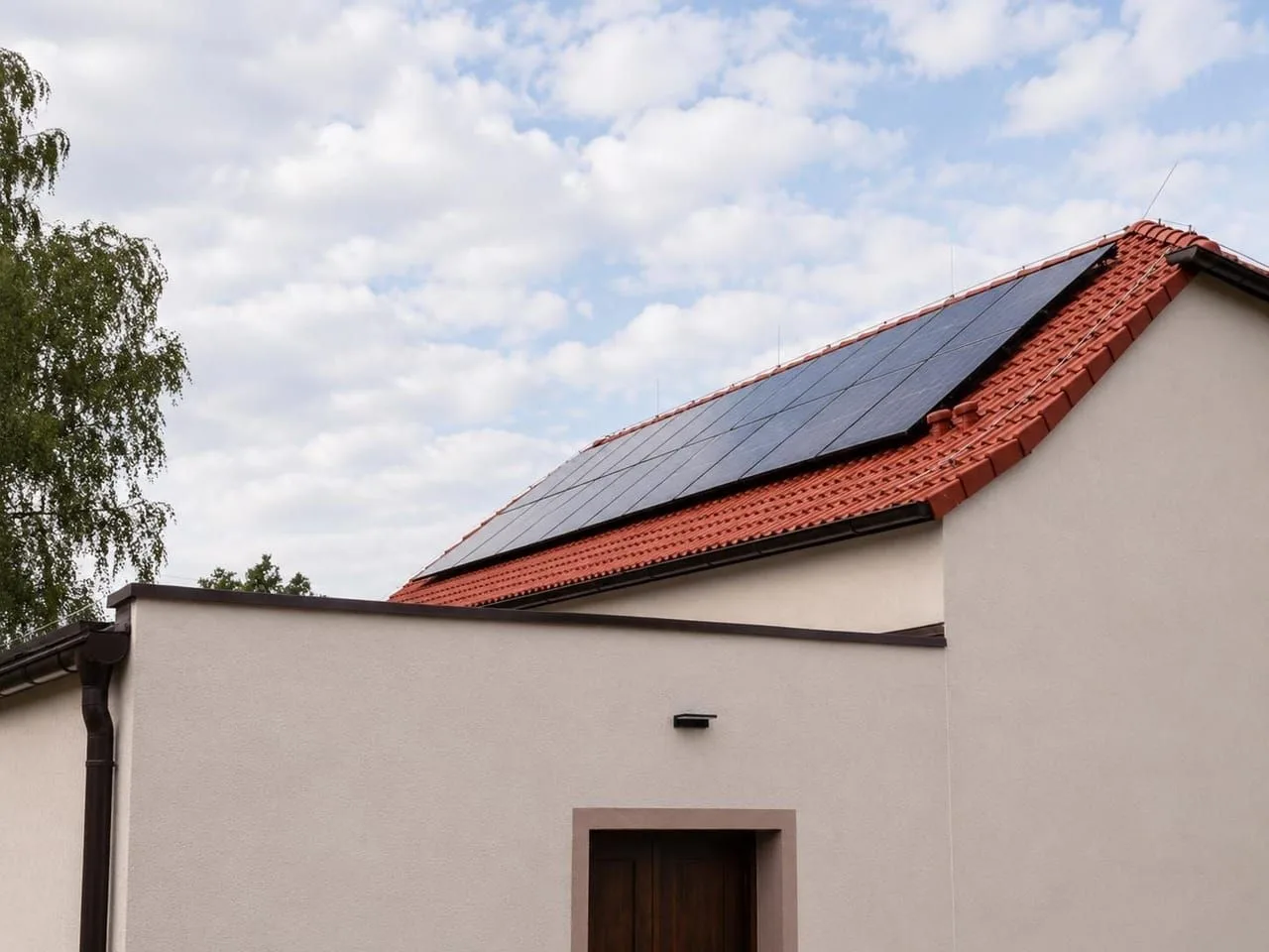 Detail nové střechy a fotovoltaických panelů objektu v Nové Vsi