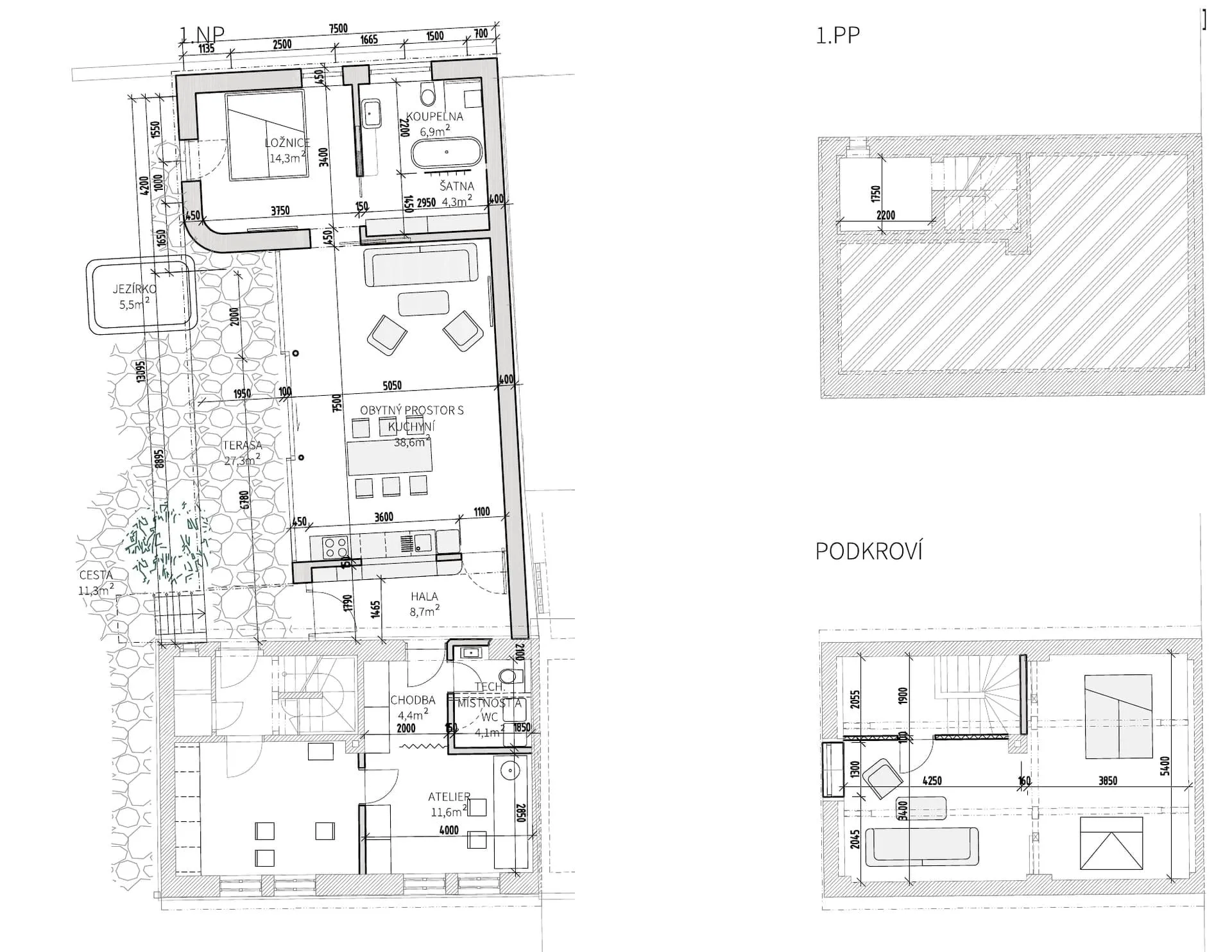 Floor-plan documentation for a family-house extension in the Plzeň Region
