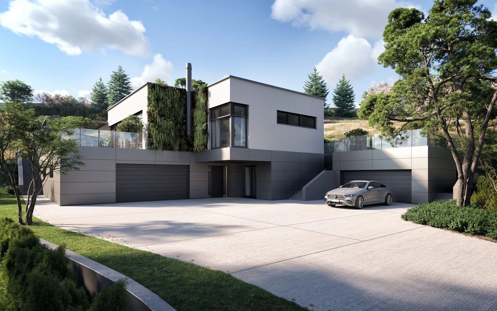 Architektonická vizualizace hlavního vstupu rodinného domu