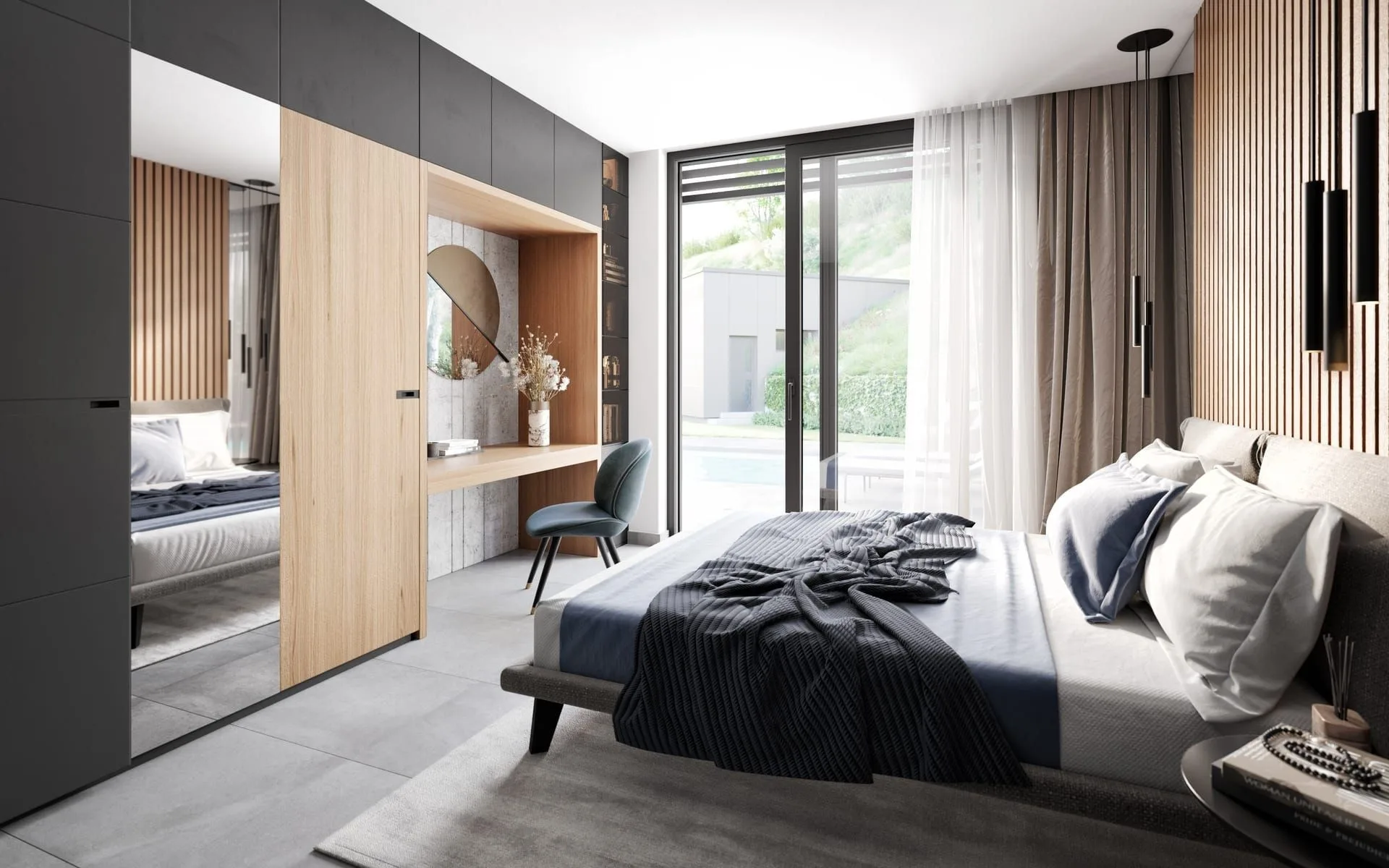 Architektonická vizualizace ložnice rodinného domu s přírodními materiály