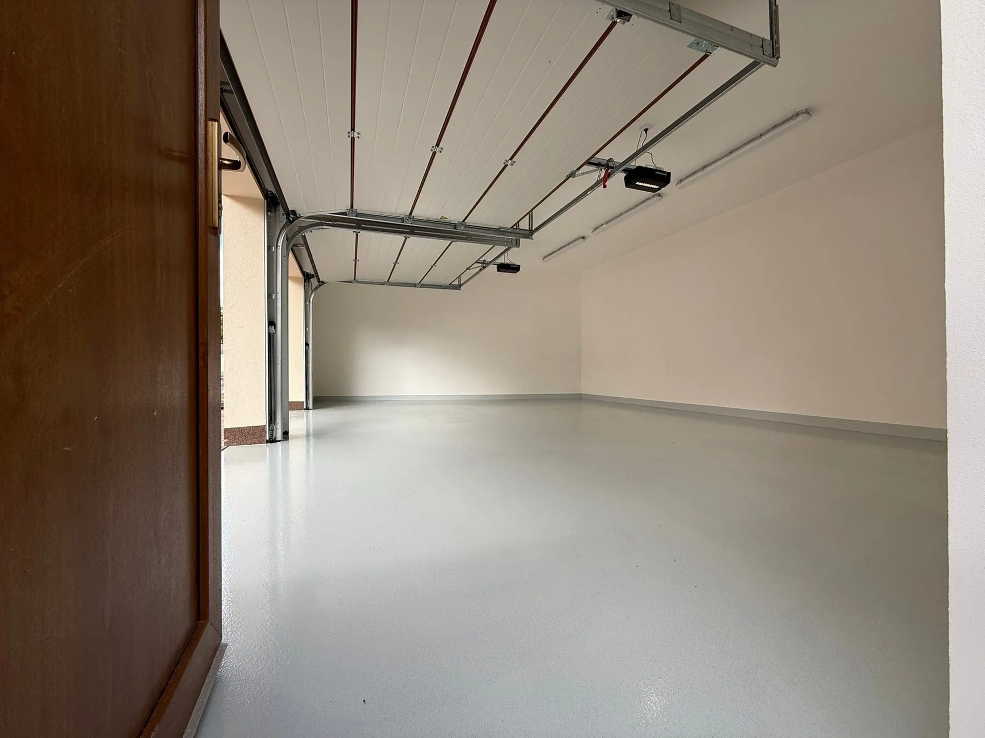 Wide view inside a completed double garage