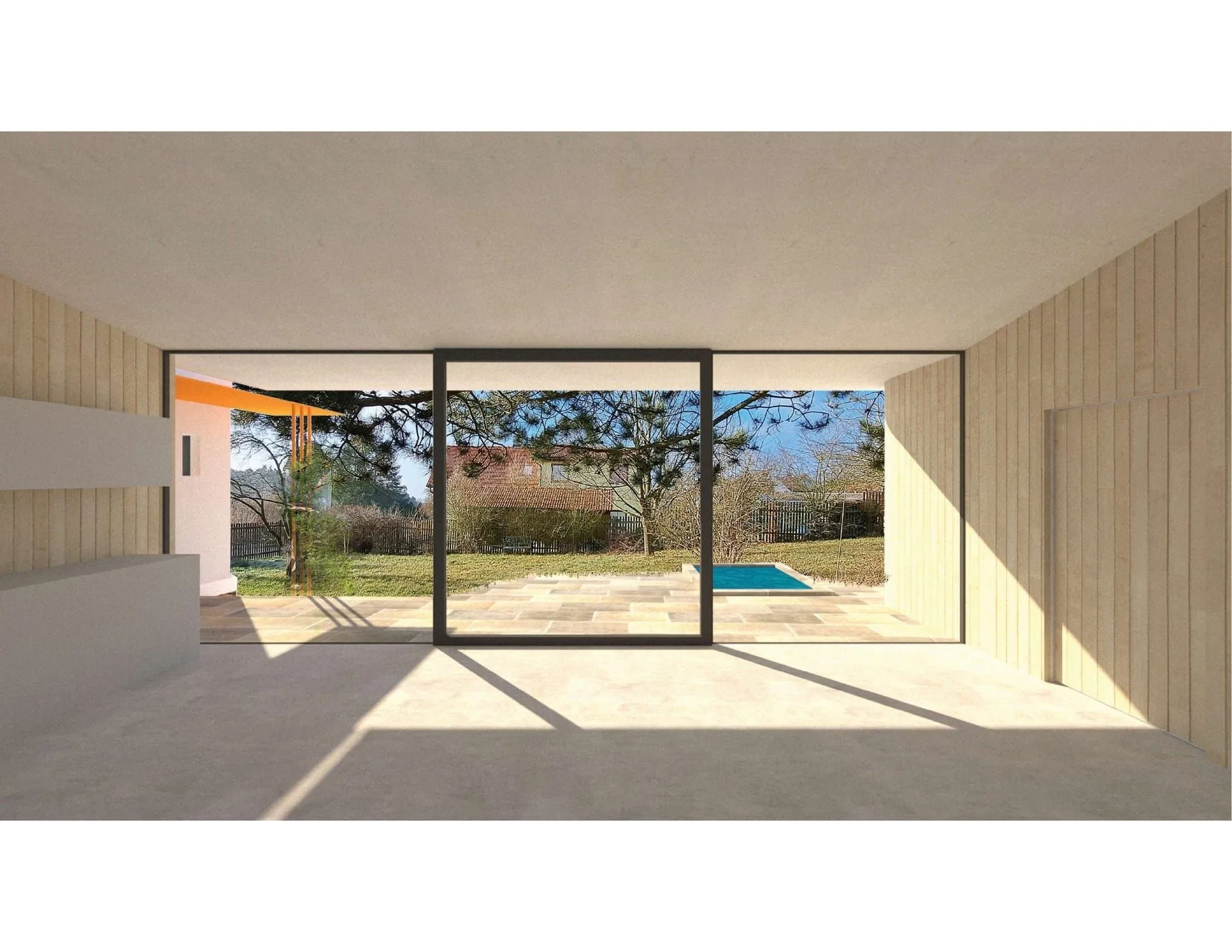 Visualisation of the extension living space looking towards the garden