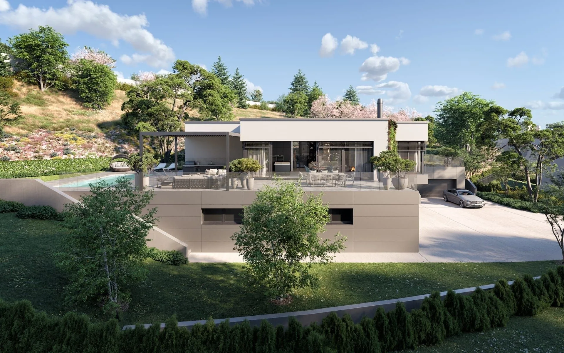 Architektonická vizualizace zahradní fasády rodinného domu